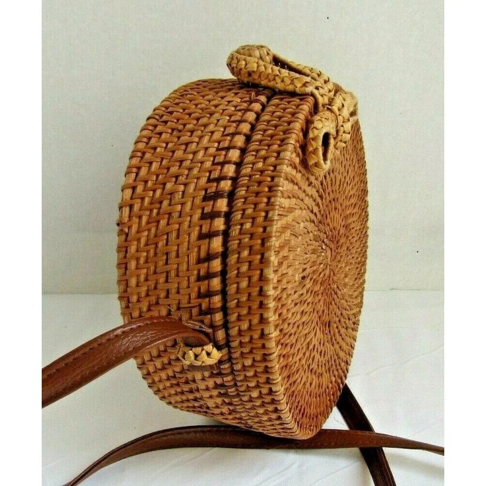 Round Wicker Crossbody Straw Rattan Womens Purse Shoulder Bag Leather Strap